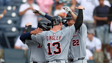 Jun 22, 2025; Tampa, Florida, USA; Detroit Tigers center fielder Parker Meadows (22) celebrates after hitting a three run home run against the Tampa Bay Rays in the ninth inning at George M. Steinbrenner Field. Mandatory Credit: Nathan Ray Seebeck-Imagn Images