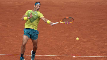 June 5, 2022; Paris, France; Rafael Nadal (ESP) returns a shot during the men   s singles final against Casper Ruud (NOR) on day 15 of the French Open at Stade Roland-Garros. Mandatory Credit: Susan Mullane-USA TODAY Sports