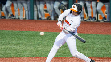 Oregon State's Easton Talt (6) swings the bat during an NCAA college baseball game at Goss Stadium on Friday, March 7, 2025, in Corvallis, Ore.