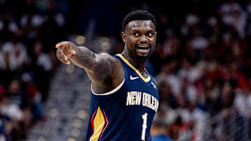 Oct 24, 2025; New Orleans, Louisiana, USA;  New Orleans Pelicans forward Zion Williamson (1) reacts to a play against the San Antonio Spurs during the second half at Smoothie King Center. Mandatory Credit: Stephen Lew-Imagn Images