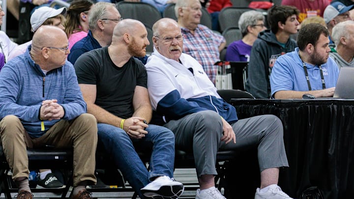 Mar 14, 2024; Kansas City, MO, USA; Kansas City Chiefs head coach Andy Reid watches the game between the Brigham Young Cougars and the Texas Tech Red Raiders at T-Mobile Center. Mandatory Credit: William Purnell-Imagn Images