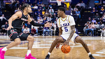 Feb 18, 2025; Baton Rouge, Louisiana, USA;  LSU Tigers guard Cam Carter (5) dribbles against South Carolina Gamecocks guard Jacobi Wright (1) during the first half at Pete Maravich Assembly Center. Mandatory Credit: Stephen Lew-Imagn Images