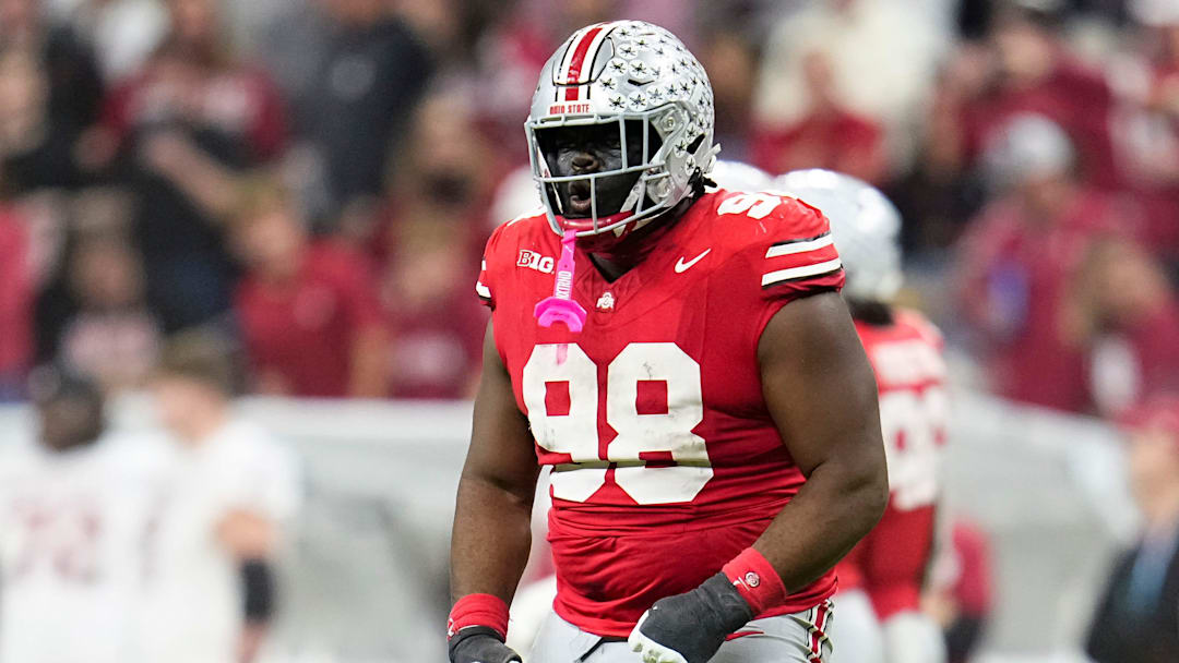 Ohio State Buckeyes defensive tackle Kayden McDonald (98) celebrates during the first half of the Big Ten Conference championship game against the Indiana Hoosiers at Lucas Oil Stadium in Indianapolis on Dec. 6, 2025.