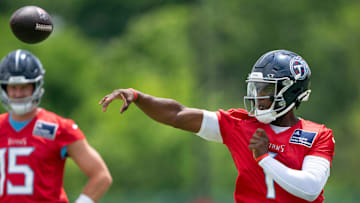 Tennessee Titans quarterback Cam Ward (1) throws in drills during OTAs at Ascension Saint Thomas Sports Park in Nashville, Tenn., Wednesday, May 28, 2025.