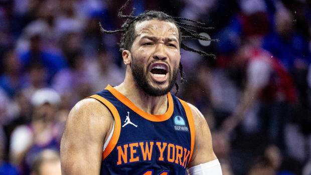 Apr 28, 2024; Philadelphia, Pennsylvania, USA; New York Knicks guard Jalen Brunson (11) reacts