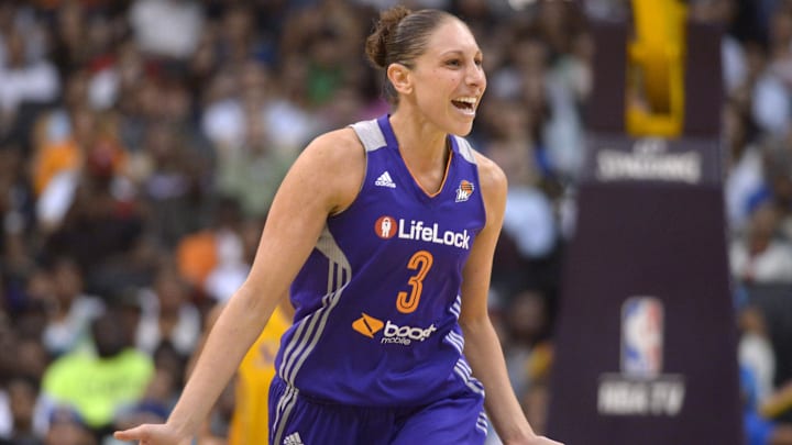Jul 18, 2013; Los Angeles, CA, USA; Phoenix Mercury guard Diana Taurasi (3) reacts during the game against the Los Angeles Sparks at the Staples Center. The Mercury defeated the Sparks 90-84. Mandatory Credit: Kirby Lee-Imagn Images