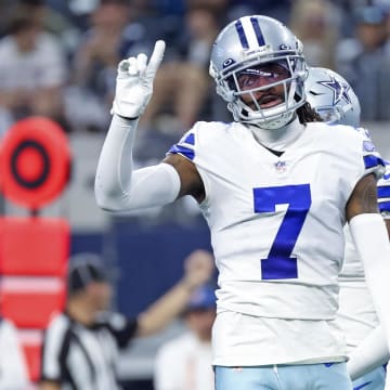 Oct 23, 2022; Arlington, Texas, USA;  Dallas Cowboys cornerback Trevon Diggs (7) reacts during the first quarter against the Detroit Lions at AT&T Stadium. Mandatory Credit: Kevin Jairaj-USA TODAY Sports