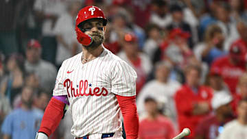 Oct 6, 2025; Philadelphia, Pennsylvania, USA; Philadelphia Phillies first baseman Bryce Harper (3) reacts to striking out against the Los Angeles Dodgers in the sixth inning during game two of the NLDS round for the 2025 MLB playoffs at Citizens Bank Park.