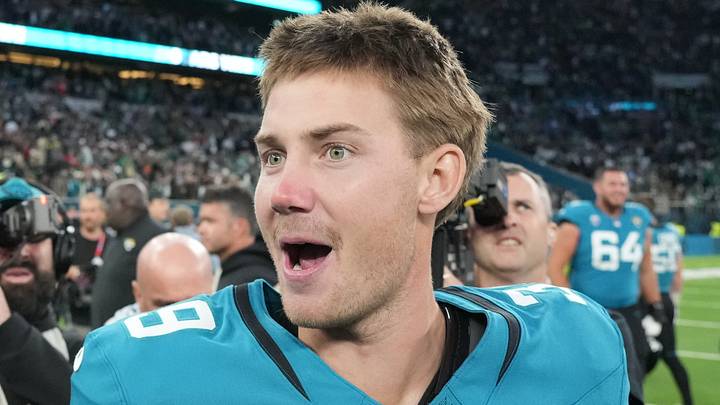 Oct 11, 2026; Tottenham, ENG;  Jacksonville Jaguars kicker Cam Little (39) celebrates after the game against the Philadelphia Eagles at Tottenham Hotspur Stadium.at Tottenham Hotspur Stadium.at Tottenham Hotspur Stadium.  Mandatory Credit: Kirby Lee-Imagn Images