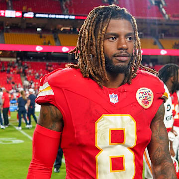 Aug 22, 2025; Kansas City, Missouri, USA; Kansas City Chiefs cornerback Kristian Fulton (8) leaves the field after the game against the Chicago Bears at GEHA Field at Arrowhead Stadium. Mandatory Credit: Denny Medley-Imagn Images