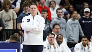 Nov 11, 2025; University Park, Pennsylvania, USA; Penn State Nittany Lions head coach Mike Rhoades against the Navy Midshipmen at Bryce Jordan Center. 