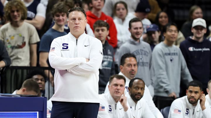 Nov 11, 2025; University Park, Pennsylvania, USA; Penn State Nittany Lions head coach Mike Rhoades against the Navy Midshipmen at Bryce Jordan Center. 