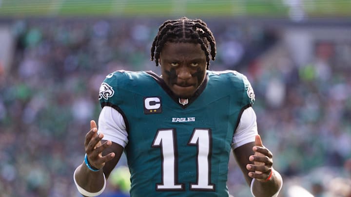 Dec 8, 2024; Philadelphia, Pennsylvania, USA;  Philadelphia Eagles wide receiver A.J. Brown (11) in a game against the Carolina Panthers at Lincoln Financial Field. Mandatory Credit: Bill Streicher-Imagn Images