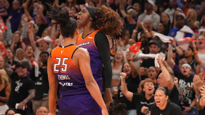 Sep 19, 2025; Phoenix, Arizona, USA; Phoenix Mercury forward Alyssa Thomas (25) and Phoenix Mercury guard Kahleah Copper (2) celebrate against the New York Liberty during the second half of game three of round one for the 2025 WNBA Playoffs at PHX Arena. Mandatory Credit: Joe Camporeale-Imagn Images
