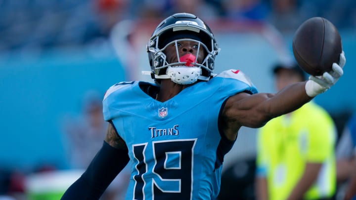 Tennessee Titans wide receiver Jha'Quan Jackson (19) hauls in a pass in warmups before their first preseason game of the 2024-25 season against the San Francisco 49ers at Nissan Stadium Saturday, Aug. 10, 2024.