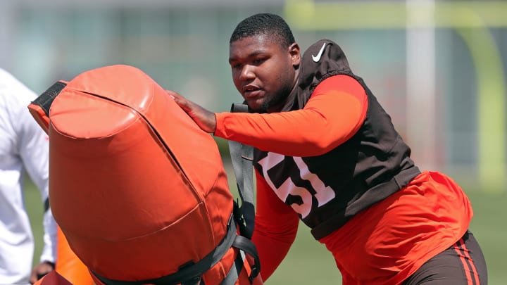 Browns defensive tackle Mike Hall Jr. participates in drills during minicamp, Thursday, June 13, 2024, in Berea.