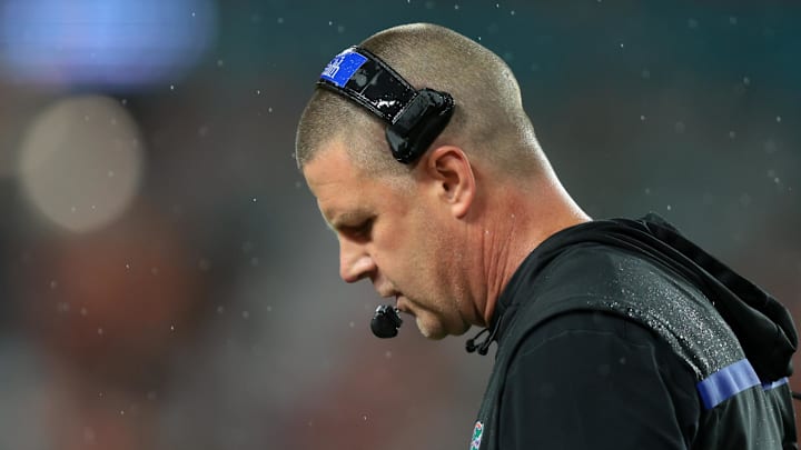 Sep 20, 2025; Miami Gardens, Florida, USA; Florida Gators head coach Billy Napier looks down against the Florida Gators during the first quarter at Hard Rock Stadium. Mandatory Credit: Sam Navarro-Imagn Images
