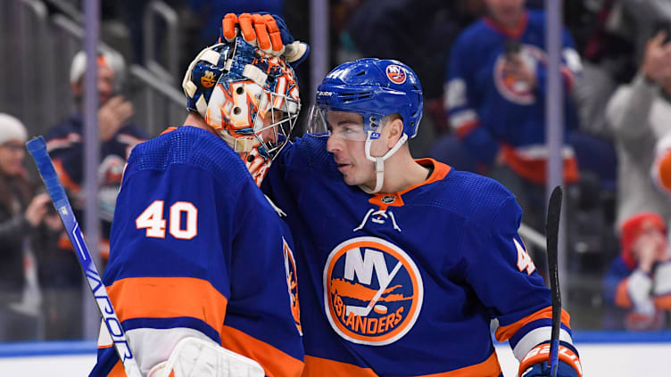 Dec 13, 2023; Elmont, New York, USA; New York Islanders center Jean-Gabriel Pageau (44) celebrates