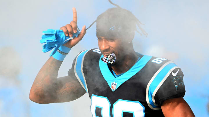 Nov 27, 2022; Charlotte, North Carolina, USA;  Carolina Panthers wide receiver Terrace Marshall Jr. (88) runs on to the field at Bank of America Stadium. Mandatory Credit: Bob Donnan-USA TODAY Sports