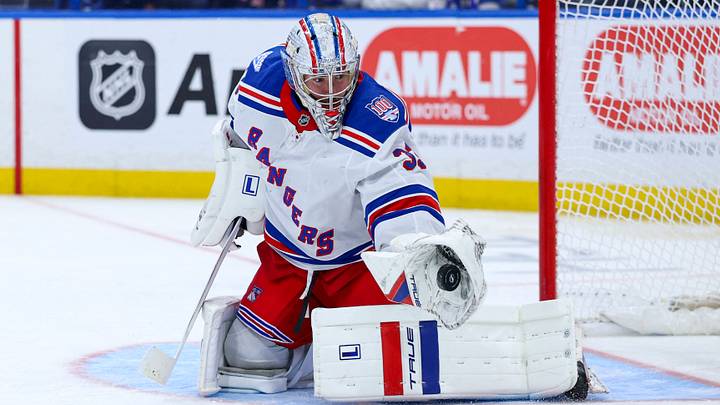 Apr 15, 2026; Tampa, Florida, USA; New York Rangers goaltender Dylan Garand (33) makes a save against the Tampa Bay Lightning in the third period at Benchmark International Arena. Mandatory Credit: Nathan Ray Seebeck-Imagn Images Apr 15, 2026; Tampa, Florida, USA; New York Rangers goaltender Dylan Garand (33) makes a save against the Tampa Bay Lightning in the third period at Benchmark International Arena. Mandatory Credit: Nathan Ray Seebeck-Imagn Images