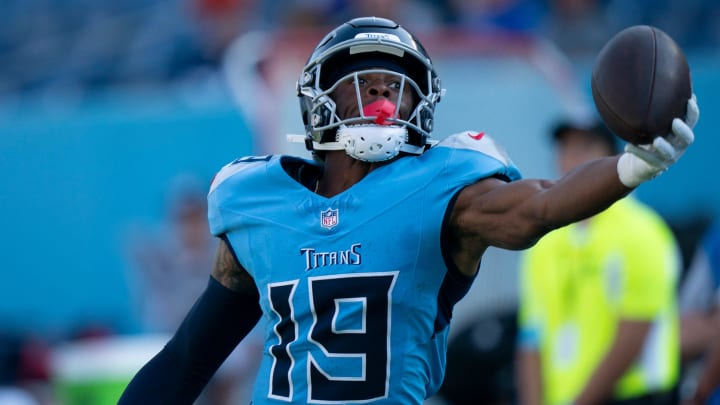 Tennessee Titans wide receiver Jha'Quan Jackson (19) hauls in a pass in warmups before their first preseason game of the 2024-25 season against the San Francisco 49ers at Nissan Stadium Saturday, Aug. 10, 2024.