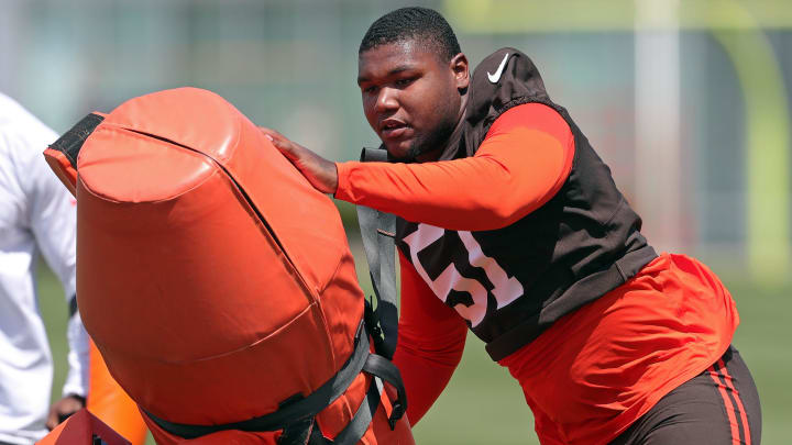 Browns defensive tackle Mike Hall Jr. participates in drills during minicamp, Thursday, June 13, 2024, in Berea.