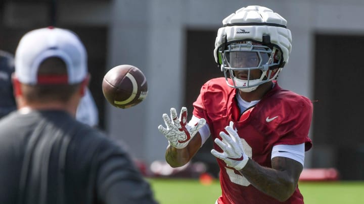 The Crimson Tide football team continued practice Thursday, Aug. 1, 2024, as they prepare for the season opener and the first game under new head coach Kalen DeBoer. Alabama defensive back DeVonta Smith (8) snags a pass during a defensive drill.