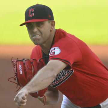 Aug 13, 2024; Cleveland, Ohio, USA; Cleveland Guardians starting pitcher Matthew Boyd (16) delivers a pitch in the first inning against the Chicago Cubs at Progressive Field. Mandatory Credit: David Richard-USA TODAY Sports