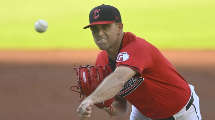 Aug 13, 2024; Cleveland, Ohio, USA; Cleveland Guardians starting pitcher Matthew Boyd (16) delivers a pitch in the first inning against the Chicago Cubs at Progressive Field. Mandatory Credit: David Richard-USA TODAY Sports