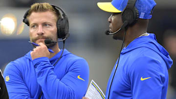Los Angeles Rams head coach Sean McVay stands next to former defensive coordinator Raheem Morris at SoFi Stadium. Mandatory Credit: