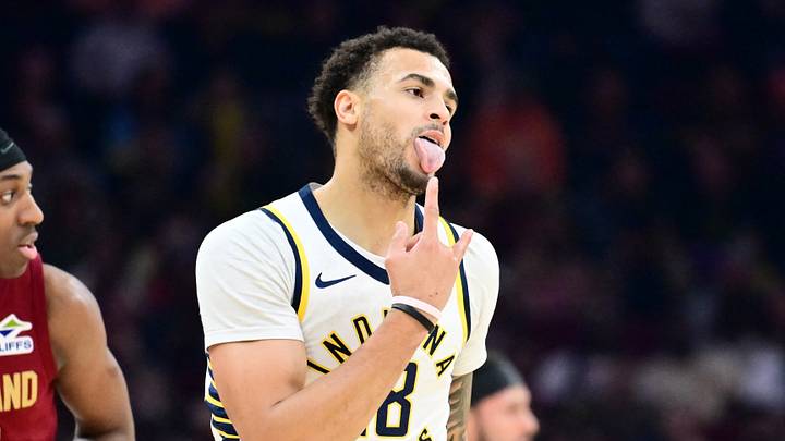 Apr 5, 2026; Cleveland, Ohio, USA; Indiana Pacers forward Jalen Slawson (18) celebrates after hitting a three point basket against the Cleveland Cavaliers during the first half at Rocket Arena. Mandatory Credit: Ken Blaze-Imagn Images