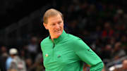 Mar 21, 2025; Seattle, WA, USA; Oregon Ducks head coach Dana Altman reacts against the Liberty Flames during the first half in the first round of the NCAA Tournament at Climate Pledge Arena. Mandatory Credit: Steven Bisig-Imagn Images