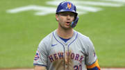 May 20, 2024; Cleveland, Ohio, USA; New York Mets first baseman Pete Alonso (20) reacts after striking out in the eighth inning against the Cleveland Guardians at Progressive Field. Mandatory Credit: David Richard-Imagn Images