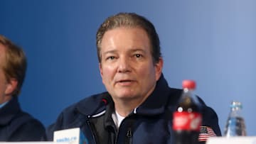 Feb 7, 2014; Sochi, RUSSIA; USA general manager Ray Shero at a press conference at the Sochi 2014 Olympic Winter Games. Mandatory Credit: Jerry Lai-Imagn Images