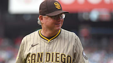 Jun 30, 2025; Philadelphia, Pennsylvania, USA; San Diego Padres manager Mike Shildt (8) against the Philadelphia Phillies at Citizens Bank Park. Mandatory Credit: Eric Hartline-Imagn Images