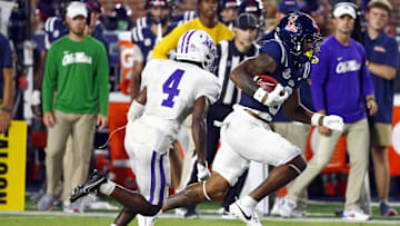 Aug 31, 2024; Oxford, Mississippi, USA; Mississippi Rebels wide receiver Antwane Wells Jr. (3) runs after a catch against the Furman Paladins during the first half at Vaught-Hemingway Stadium. Mandatory Credit: Petre Thomas-Imagn Images