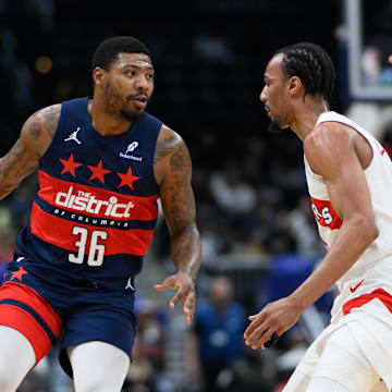 Mar 24, 2025; Washington, District of Columbia, USA; Washington Wizards guard Marcus Smart (36) handles the ball during the second quarter against the Toronto Raptors at Capital One Arena. Mandatory Credit: Reggie Hildred-Imagn Images