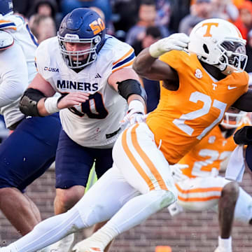 Tennessee defensive lineman James Pearce Jr. sacks UTEP quarterback JP Pickles during a college football game between Tennessee and UTEP at Neyland Stadium in Knoxville, Tenn., on Saturday, Nov. 23, 2024.