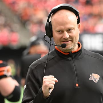 Jun 15, 2024; Vancouver, British Columbia, CAN;  BC Lions head coach Rick Campbell celebrates a play during the second half against the Calgary Stampeders at BC Place. Mandatory Credit: Simon Fearn-USA TODAY Sports