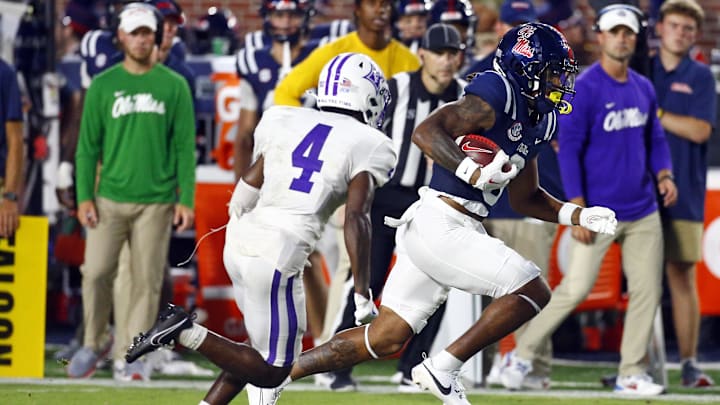 Aug 31, 2024; Oxford, Mississippi, USA; Mississippi Rebels wide receiver Antwane Wells Jr. (3) runs after a catch against the Furman Paladins during the first half at Vaught-Hemingway Stadium. Mandatory Credit: Petre Thomas-Imagn Images