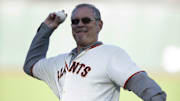 San Francisco Giants former manager Bruce Bochy throws out a ceremonial first pitch before a game between the Giants and the Pittsburgh Pirates at Oracle Park. 