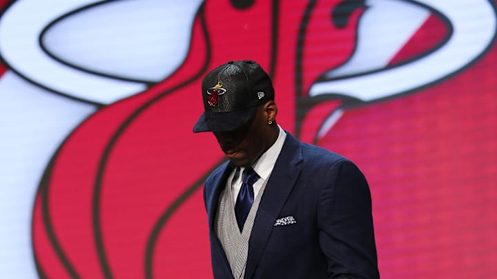 Jun 22, 2017; Brooklyn, NY, USA; Bam Adebayo (Kentucky) walks off stage after being introduced as the number fourteen overall pick to the Miami Heat in the first round of the 2017 NBA Draft at Barclays Center. Mandatory Credit: Brad Penner-Imagn Images Jun 22, 2017; Brooklyn, NY, USA; Bam Adebayo (Kentucky) walks off stage after being introduced as the number fourteen overall pick to the Miami Heat in the first round of the 2017 NBA Draft at Barclays Center. Mandatory Credit: Brad Penner-Imagn Images