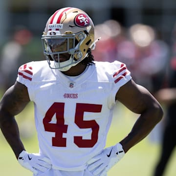 May 9, 2025; Santa Clara, CA, USA; San Francisco 49ers third-round draft pick Nick Martin (45) works out with his teammates during the teamís rookie minicamp. Mandatory Credit: D. Ross Cameron-Imagn Images