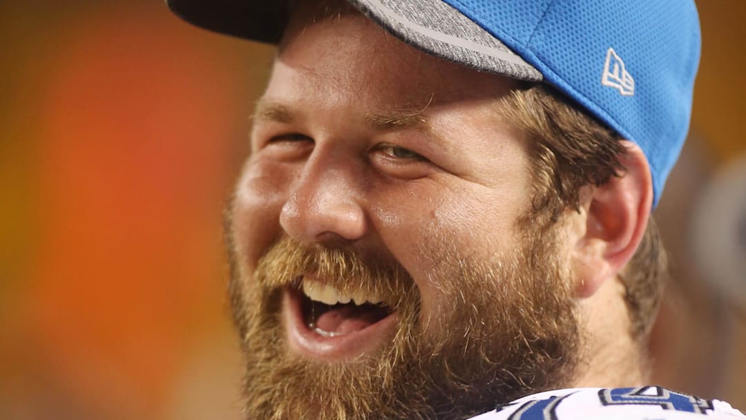 Aug 12, 2016; Pittsburgh, PA, USA;  Detroit Lions offensive guard Geoff Schwartz (74) reacts on the sidelines against the Pittsburgh Steelers during the fourth quarter at Heinz Field. The Lions won 30-17.