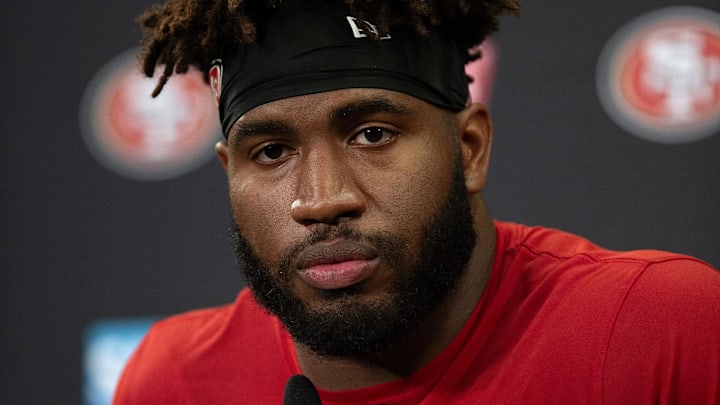 Jun 11, 2025; Santa Clara, CA, USA; San Francisco 49ers defensive end Bryce Huff (47) speaks to the media following a team OTA at Levi's Stadium. Mandatory Credit: D. Ross Cameron-Imagn Images Jun 11, 2025; Santa Clara, CA, USA; San Francisco 49ers defensive end Bryce Huff (47) speaks to the media following a team OTA at Levi's Stadium. Mandatory Credit: D. Ross Cameron-Imagn Images