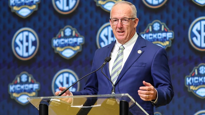 Jul 16, 2025; Atlanta, GA, USA; SEC commissioner Greg Sankey speaks to the media during the SEC Media Day at Omni Atlanta Hotel. Mandatory Credit: Jordan Godfree-Imagn Images