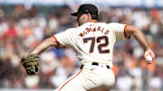 Sep 29, 2024; San Francisco, California, USA; San Francisco Giants pitcher Trevor McDonald (72) delivers a pitch against the St. Louis Cardinals during the seventh inning during his Major League debut at Oracle Park.