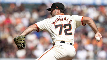 Sep 29, 2024; San Francisco, California, USA; San Francisco Giants pitcher Trevor McDonald (72) delivers a pitch against the St. Louis Cardinals during the seventh inning during his Major League debut at Oracle Park.