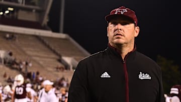 Aug 31, 2024; Starkville, Mississippi, USA;  Mississippi State Bulldogs head coach Jeff Lebby walks off the field after defeating the Eastern Kentucky Colonels at Davis Wade Stadium at Scott Field. Mandatory Credit: Matt Bush-Imagn Images