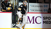 Jan 14, 2025; Pittsburgh, Pennsylvania, USA;  Pittsburgh Penguins goaltender Tristan Jarry (35) takes the ice against the Seattle Kraken during the first period at PPG Paints Arena. Mandatory Credit: Charles LeClaire-Imagn Images